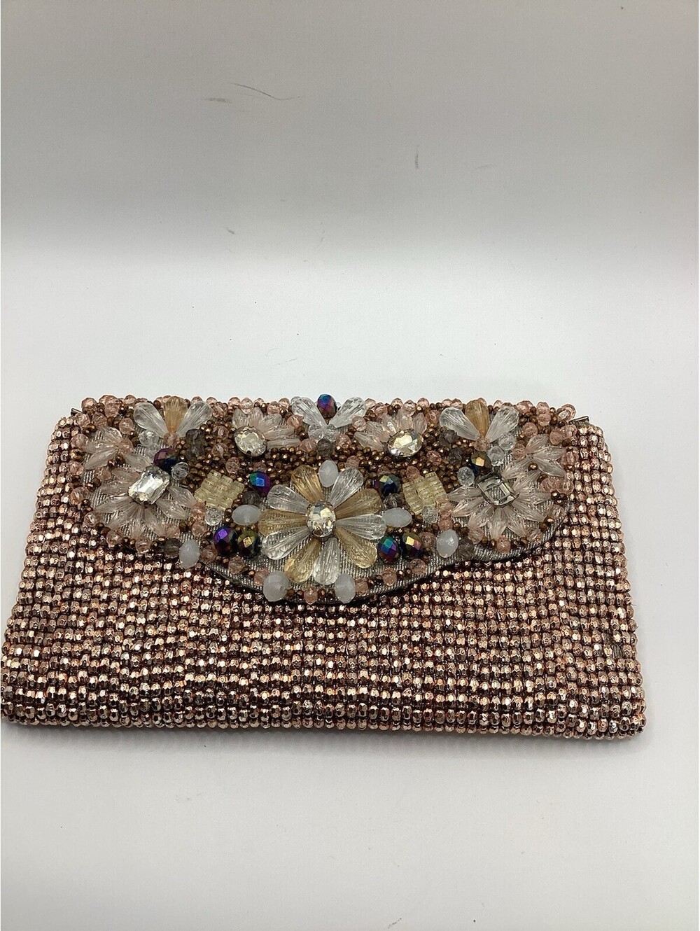 David Jeffery Rose Gold Beaded Floral Evening Clutch Purse With Chain